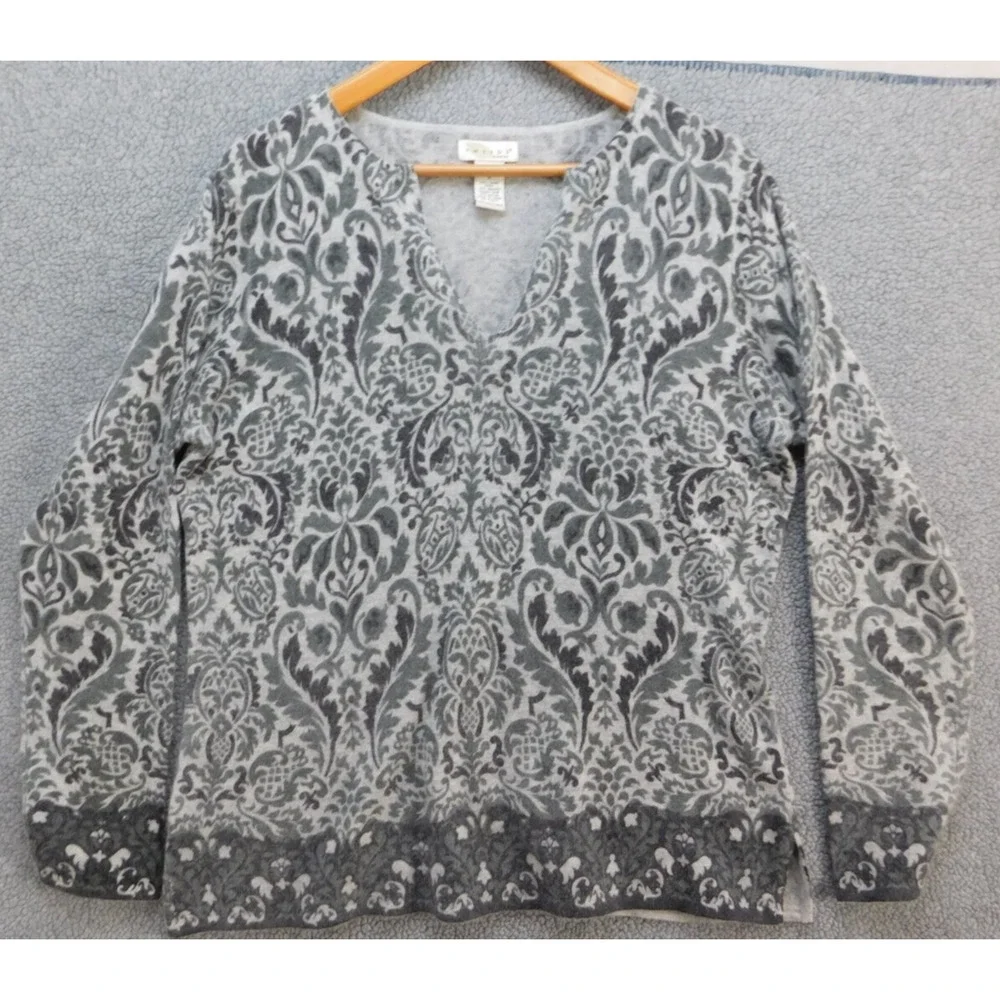 Tweeds Angora/Wool Sweater Womens XL Grey Pullover V-neck Paisley Floral